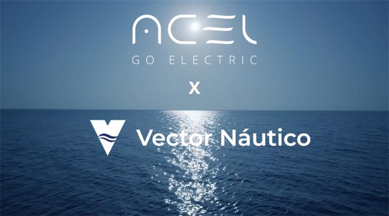 ACEL Power Electric Outboard Motors and Vector Náutico partnership logos over ocean background