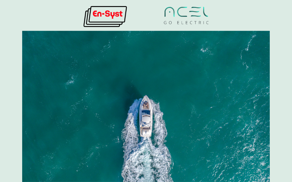 En-Syst and ACEL Power logos and aerial view of a boat on the ocean