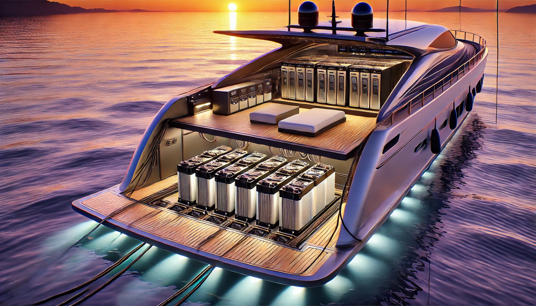 Electric yacht with exposed battery systems at sunset on calm water.