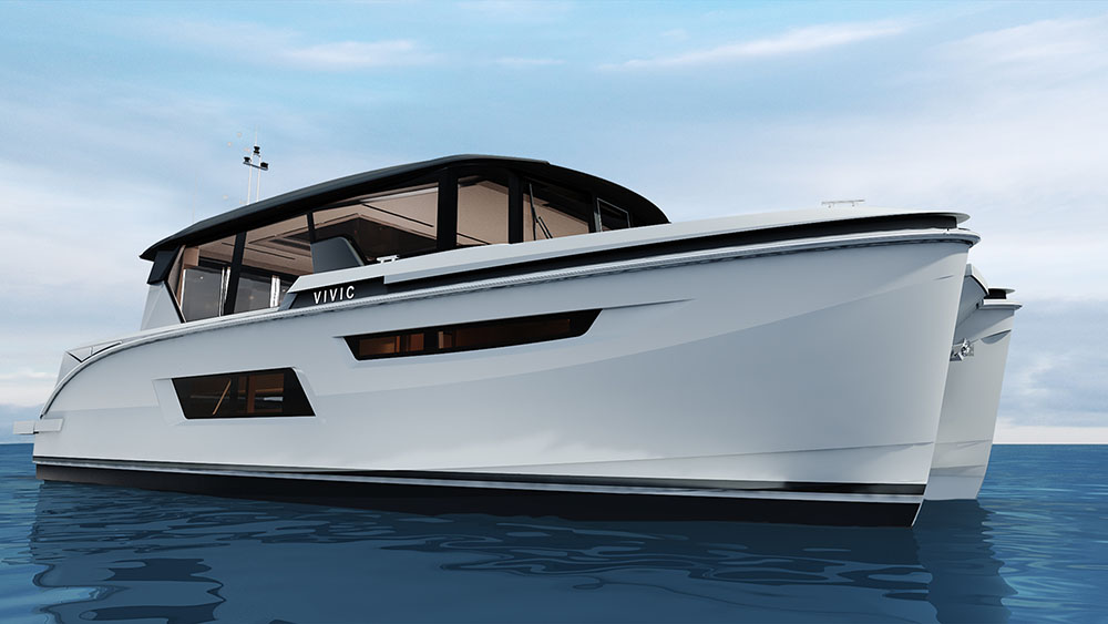 Vivic EV2 luxury electric yacht cruising on open water, powered by twin ACEL Power inboard motors.